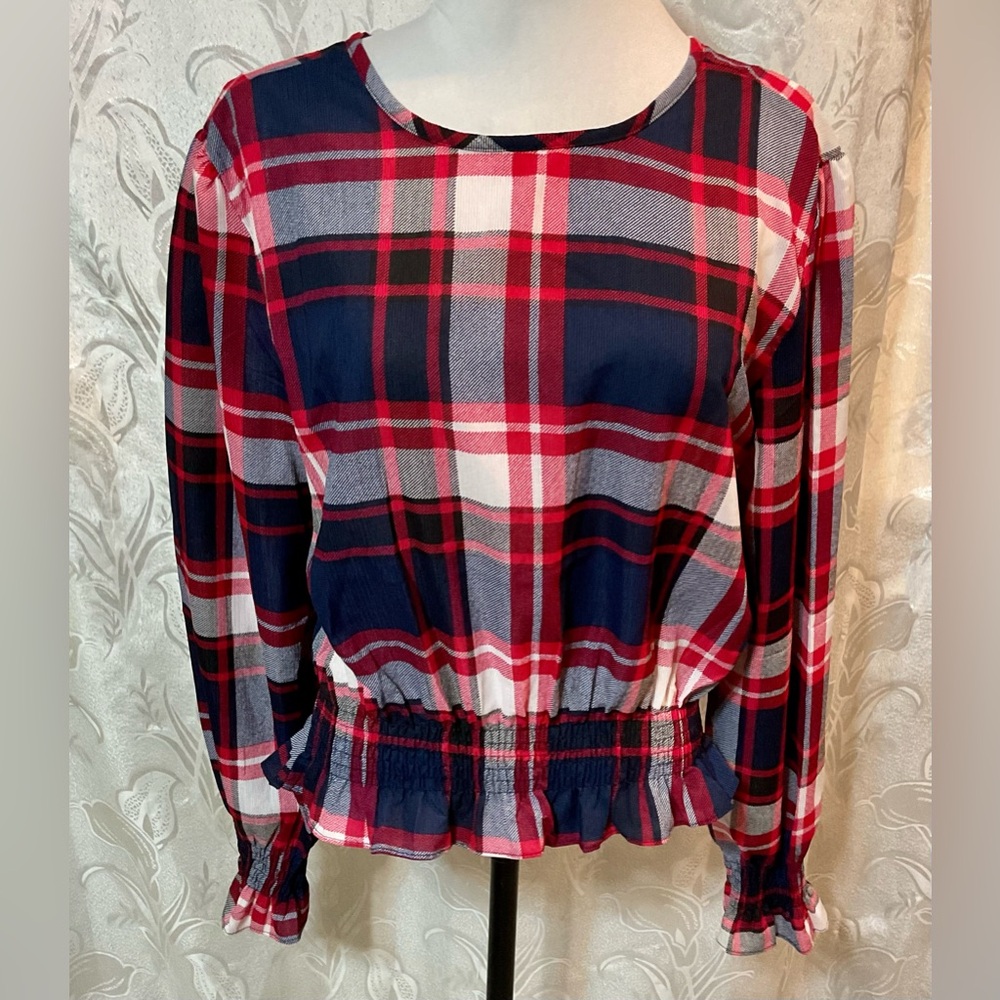Nina Rossi Red Blue Plaid Long Sleeve Top